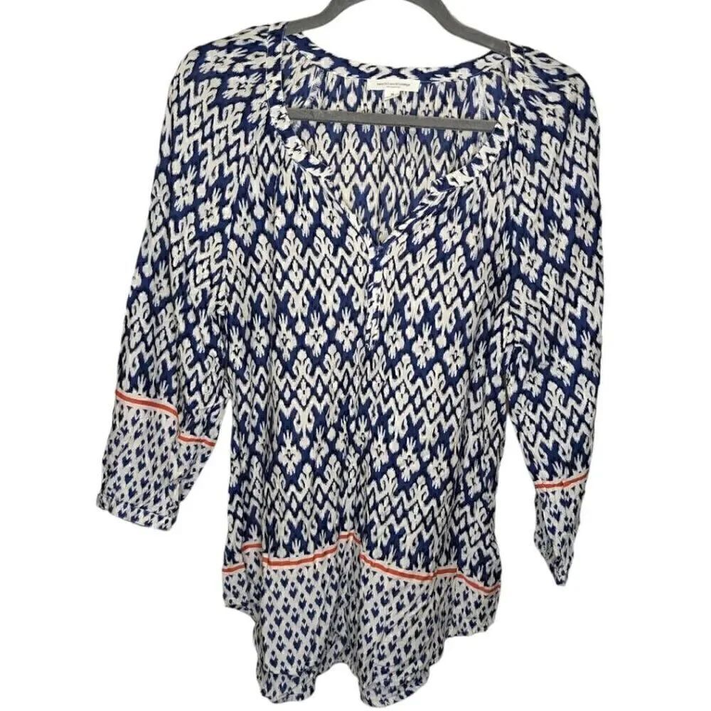 Beach Lunch Lounge Blue and White Tunic Blouse Size Large 3/4 Sleeve Pull Over w